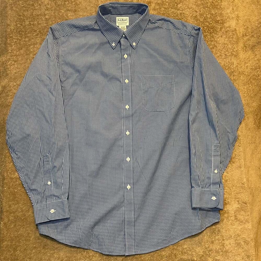 L.L. Bean Traditional Fit Blue White Gingham Button-Down Size 16 1/2-35